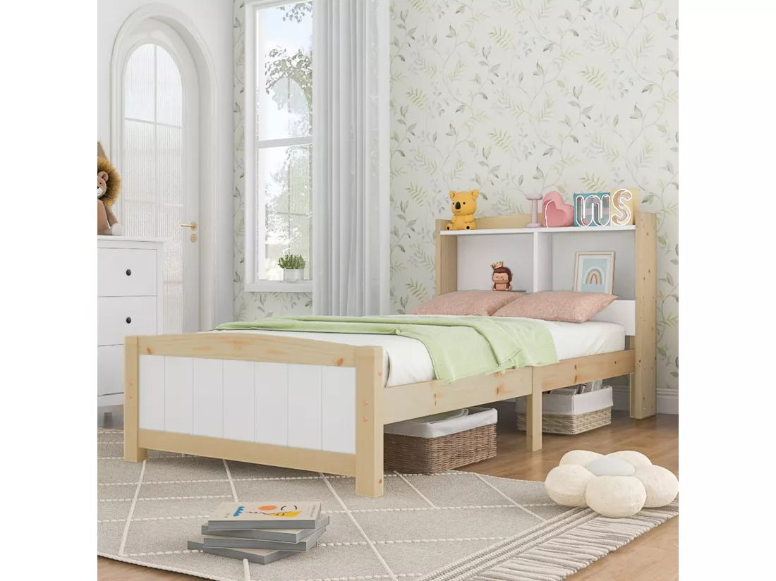 Lit avec tête de lit rangements et matelas - 90x200cm - en bois massif - lit 1 place - Blanc et Naturel