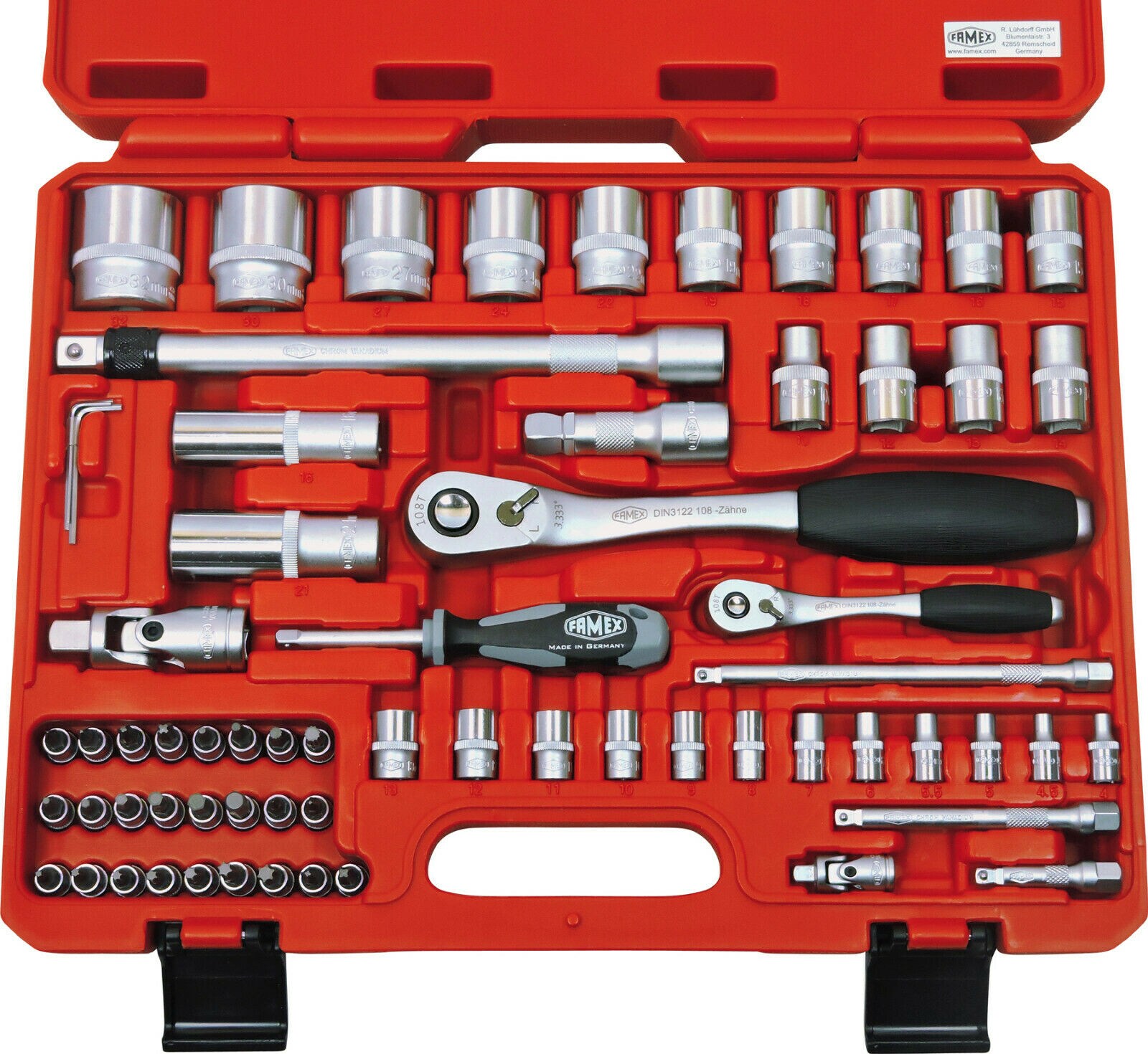 FAMEX 720-18 Mechaniker Werkzeugkoffer-Komplettset mit Top-Werkzeugbestückung und Steckschlüsselsatz