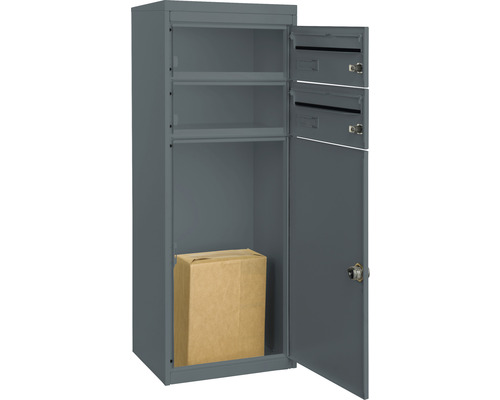 MEFA pakketbrievenbus, gepoedercoat staal, BxHxD 410/1025/325 mm, Mana 482, basaltgrijs RAL 7012, zijdemat, toegang aan de voorzijde, 3 compartimenten met 2 naamplaatjes