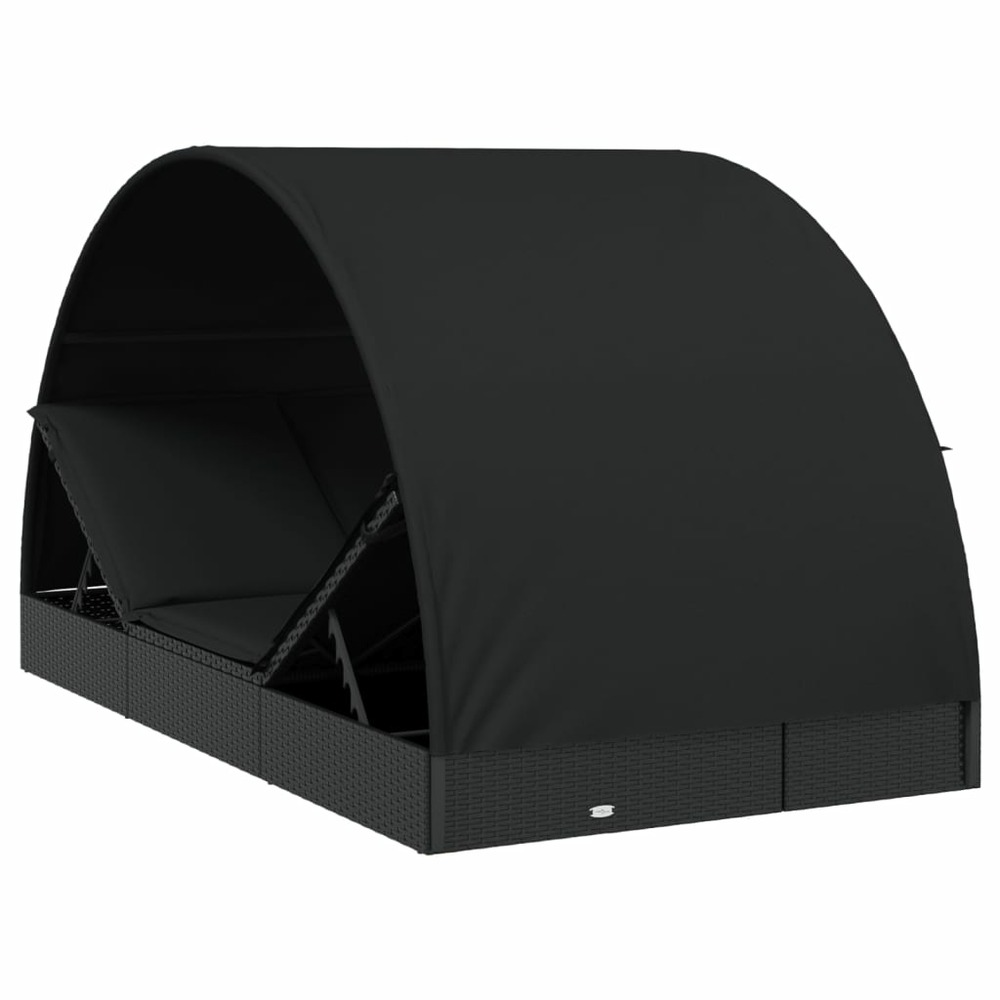 Transat chaise longue bain de soleil 2 places avec toit rond noir 211x112x140 cm