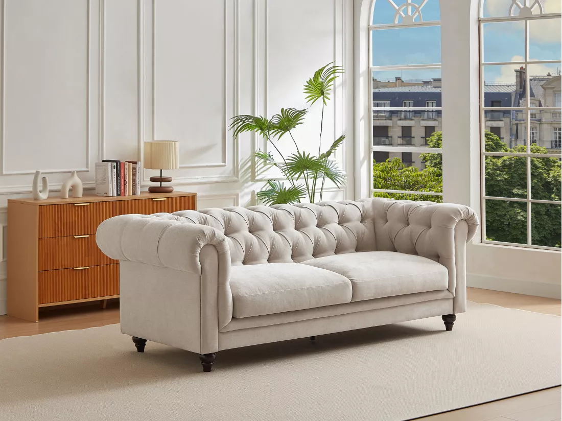 Canapé chesterfield 3 places en tissu beige CRONEL