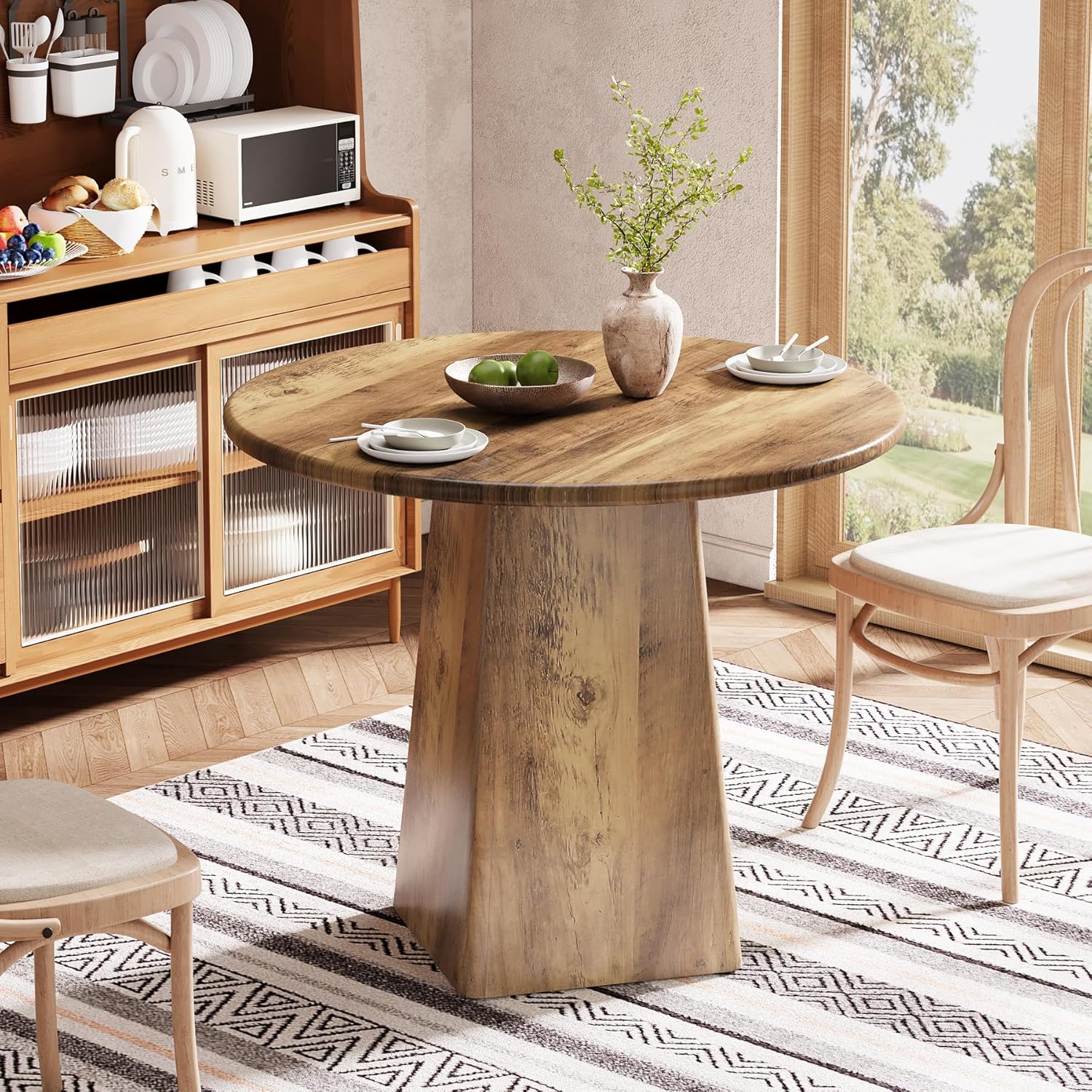 Tribesigns 80 cm runder Esstisch für 2–4 Personen, Kleiner Küchentisch im Landhausstil mit quadratischem Untergestell für Esszimmer und Wohnzimmer, rustikales Braun