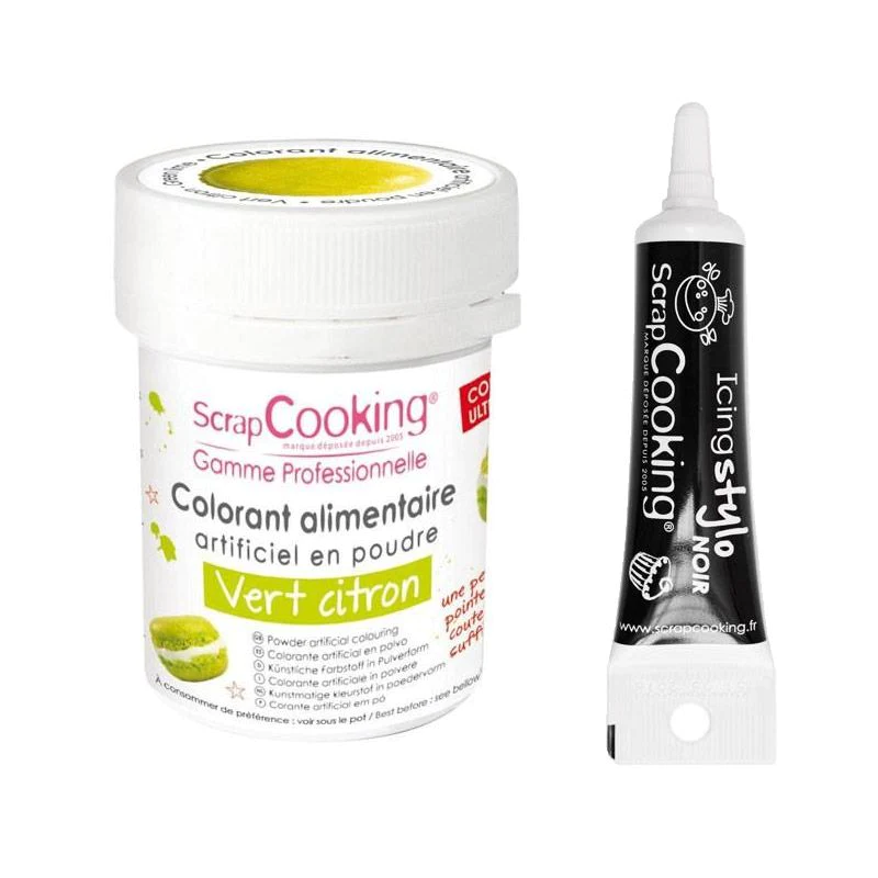 Colorant alimentaire Vert citron + Stylo glaçage noir Scrapcooking