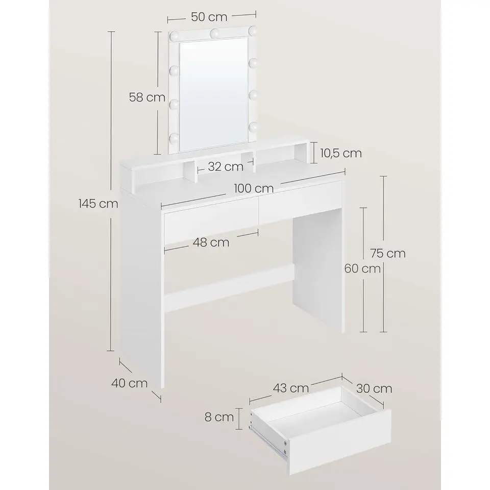 Furnihaus Witte Kaptafel met Led - 2 lades en 3 open vakken - Wit