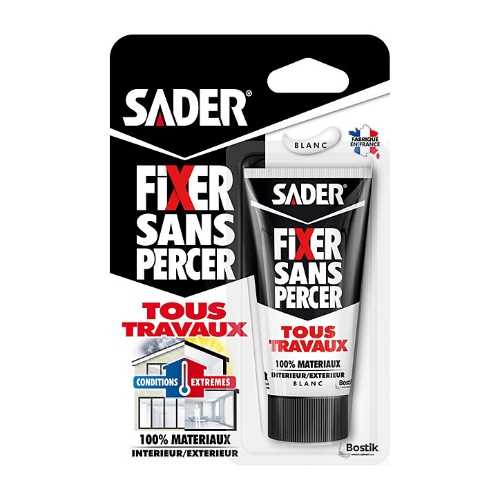 Mastic colle tous travaux blanc Sader Fixer Sans Percer tous matériaux, tube de 50 g