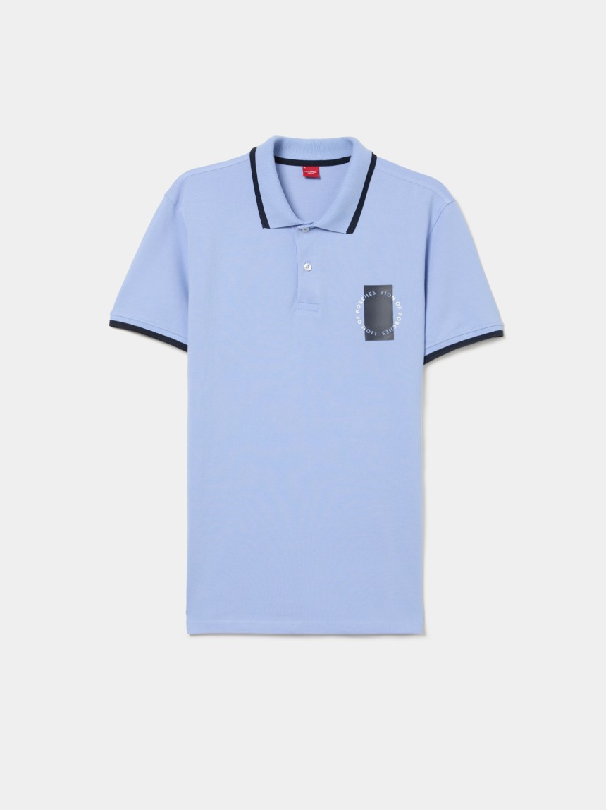 Polo piqué com riscas e estampado