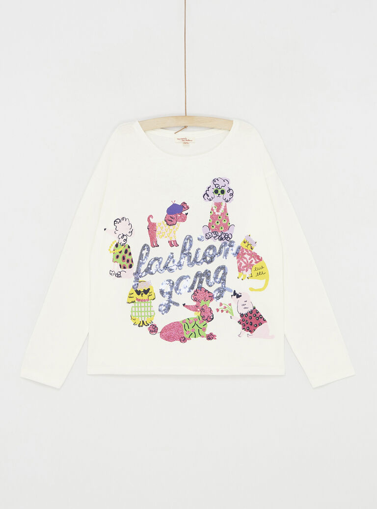 T-shirt écru animation chiens pour fille