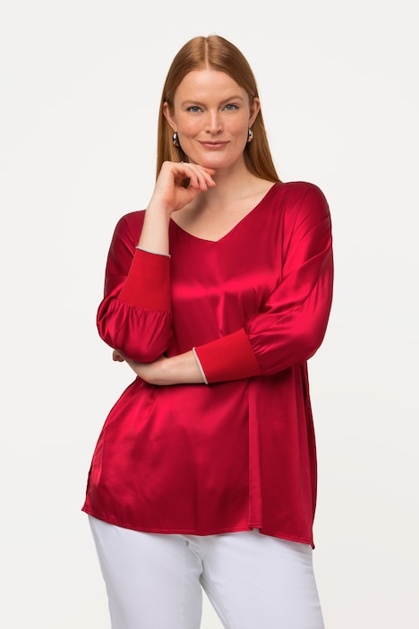 Bluse, Satin, V-Ausschnitt, 3/4-Fledermausärmel