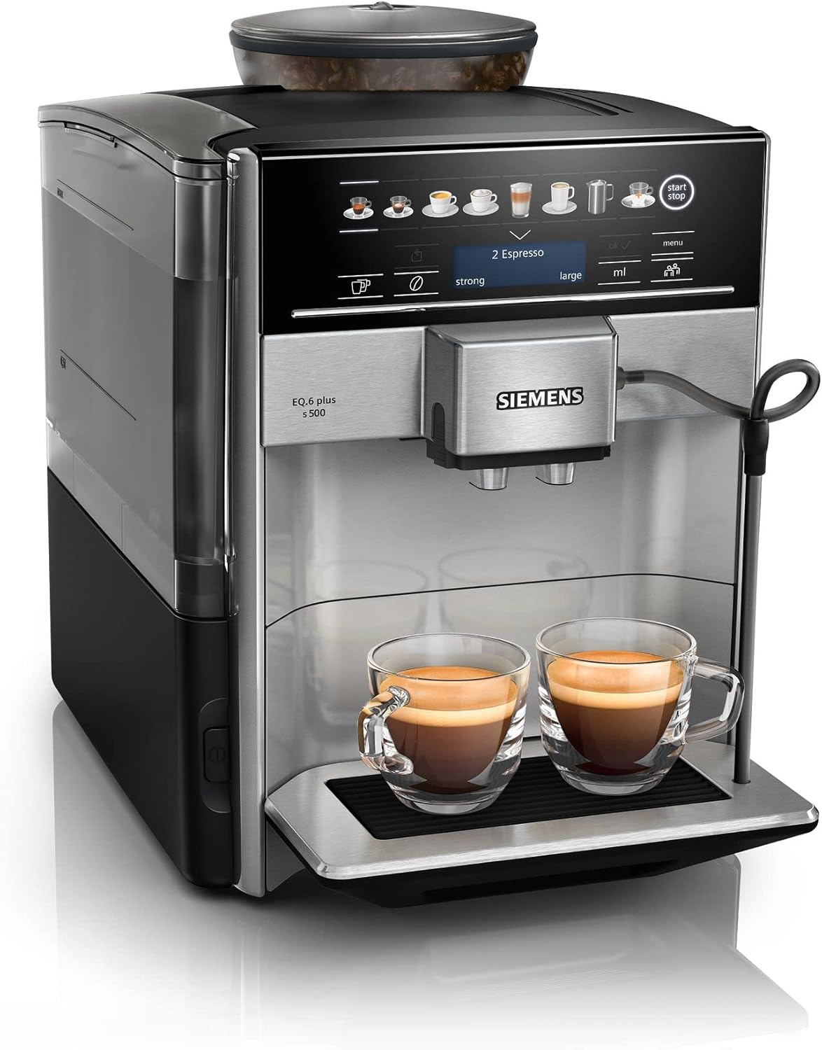 SIEMENS, machine à café tout automatique, EQ6 plus s500, aromaDouble Shot, système autoMilk Clean, Broyeur céramique, affichage coffeeSelect, gris/noir - Inox TE655203RW