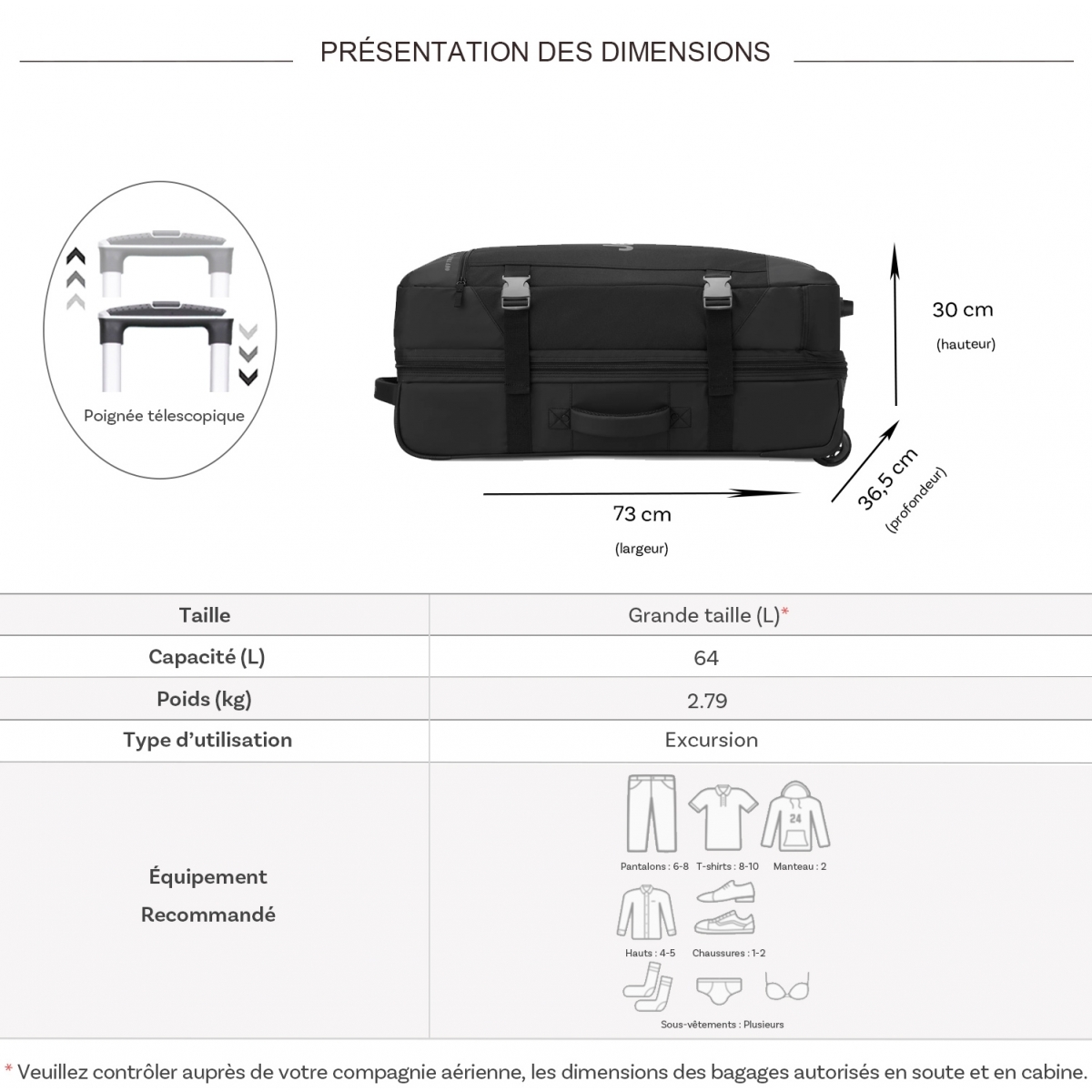 Jeep Sac de voyage avec roulettes 64L JS007C Jeep polyester taille L 73cm