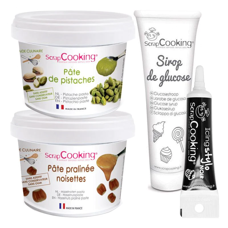 Pâte de pistache + pâte de noisette + sirop de glucose + stylo glaçage