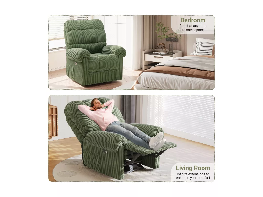 Fauteuil Relax Fauteuil électrique en Velours Côtelé,Fauteuil à loisirs Réglable avec USB,Dossier Réglable,Anti-statique avec Repose Pieds - 96x97x104cm Vert