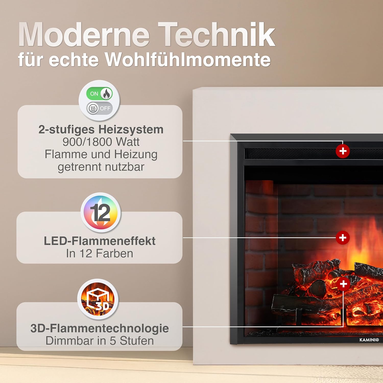 Elektrokamin Luca - Elektrischer Einbaukamin mit Heizung, 3D-Flammeneffekt, 12 Flammenfarben, Fernbedienung (23 Zoll)