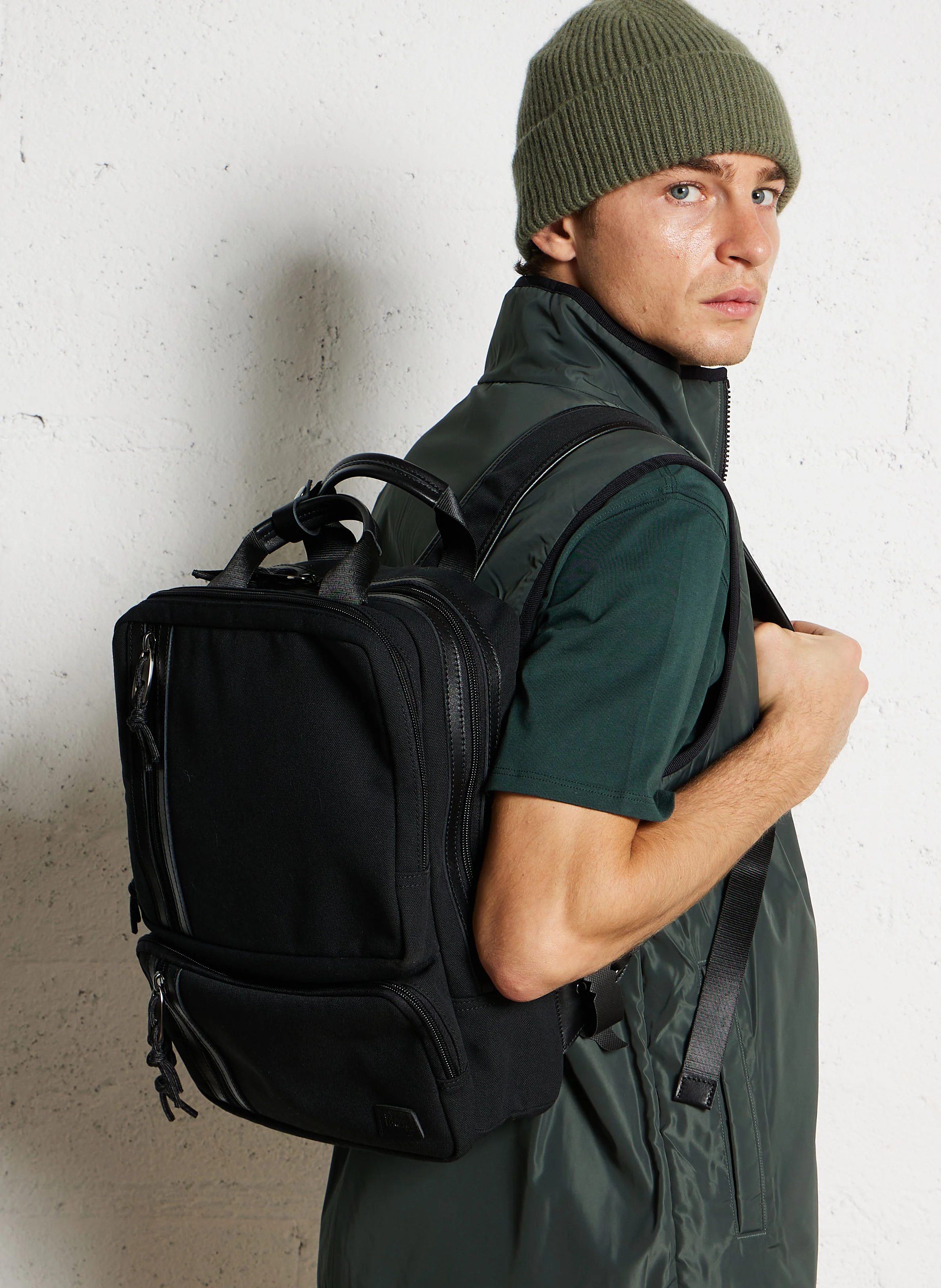 SIGMA - Sac à dos multi poches en cuir mélangé | Noir