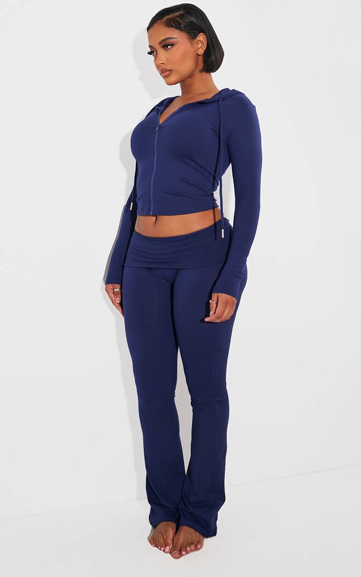 Bleu Marine Pantalon Évasé Taille Haute Sculptant À Rabat Shape Stretch