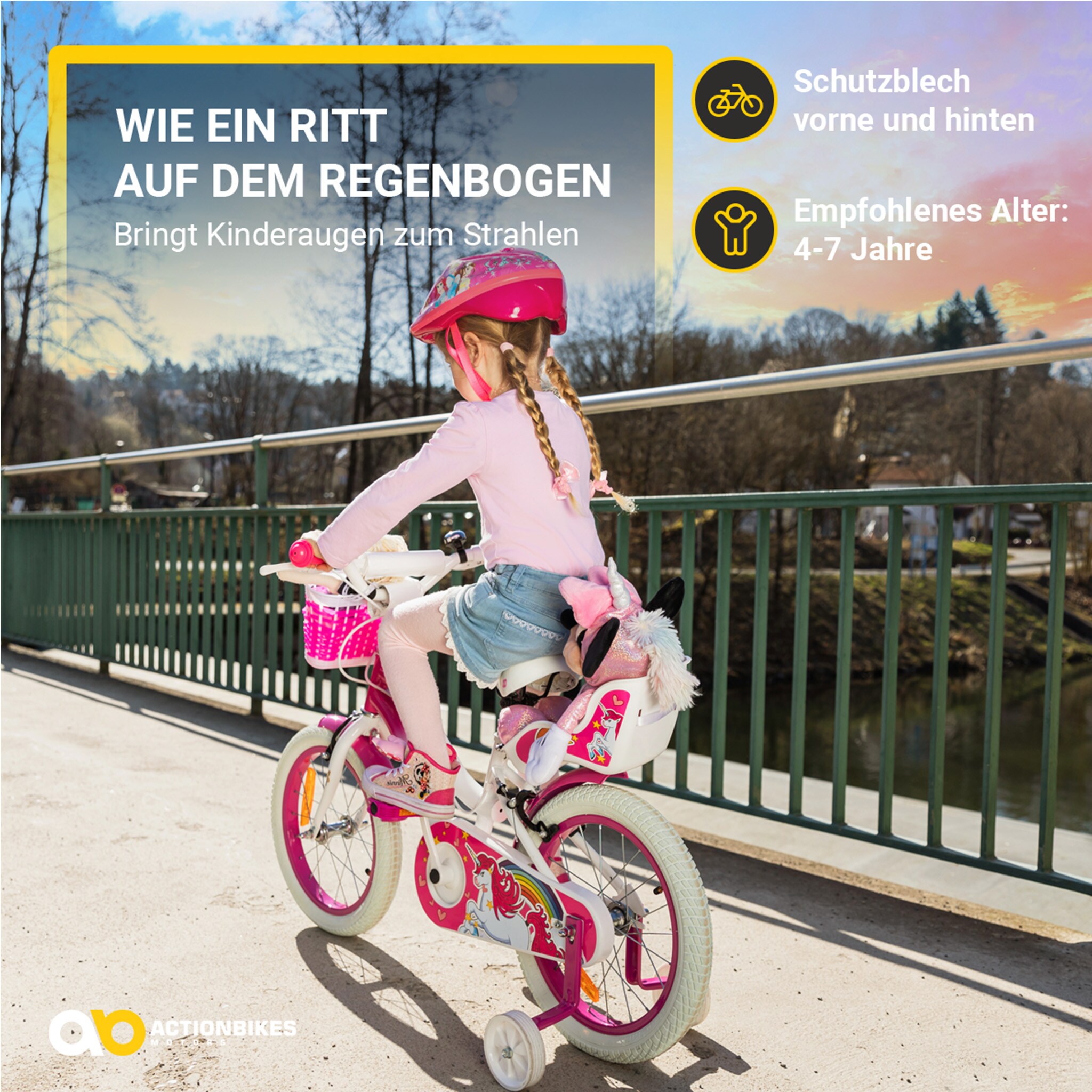 Actionbikes Kinderfahrrad Unicorn 16 Zoll, Pink, Einhorn-Design, Puppensitz, Stützräder, Fahrradkorb