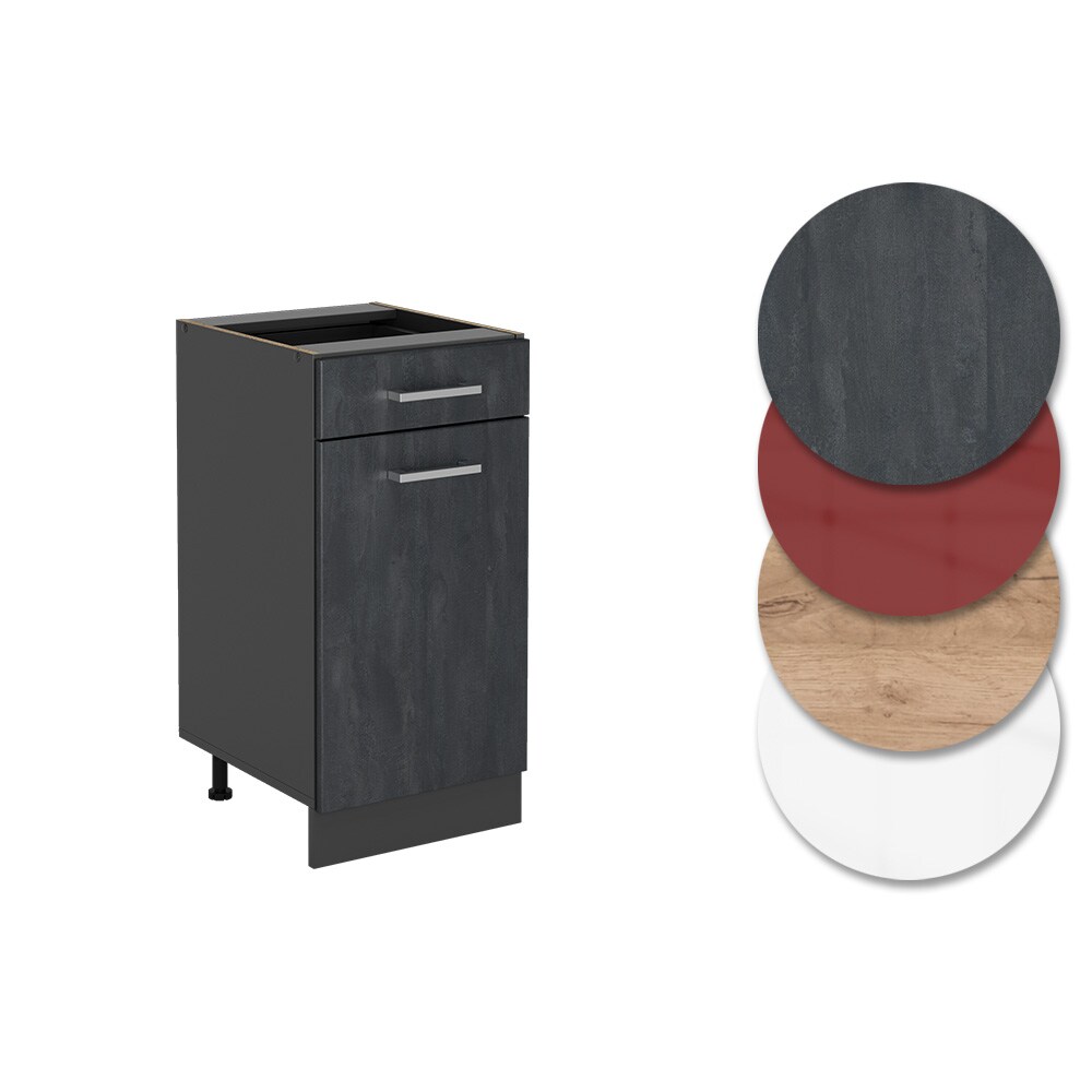 Vicco Schubunterschrank R-Line Schwarz Beton Anthrazit 40 cm mit Arbeitsplatte Weiß-Marmor
