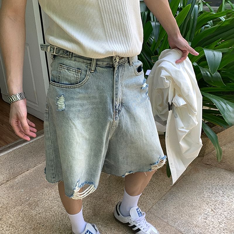 GRAYCIOUS - Mid Rise Washed Distressed Wide Leg Jorts