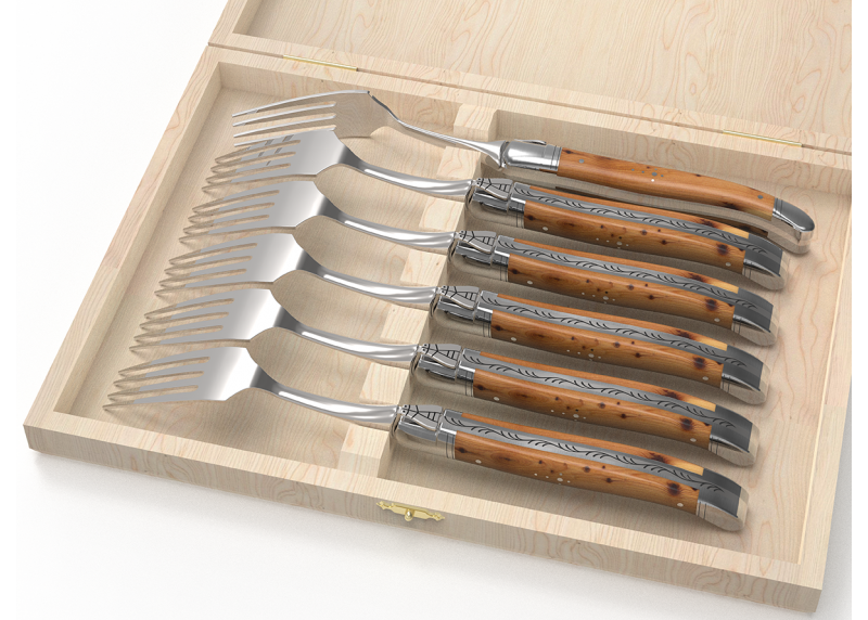 Service de 6 fourchettes Laguiole avec un manche en bois de genévrier et mitres en acier inoxydable
