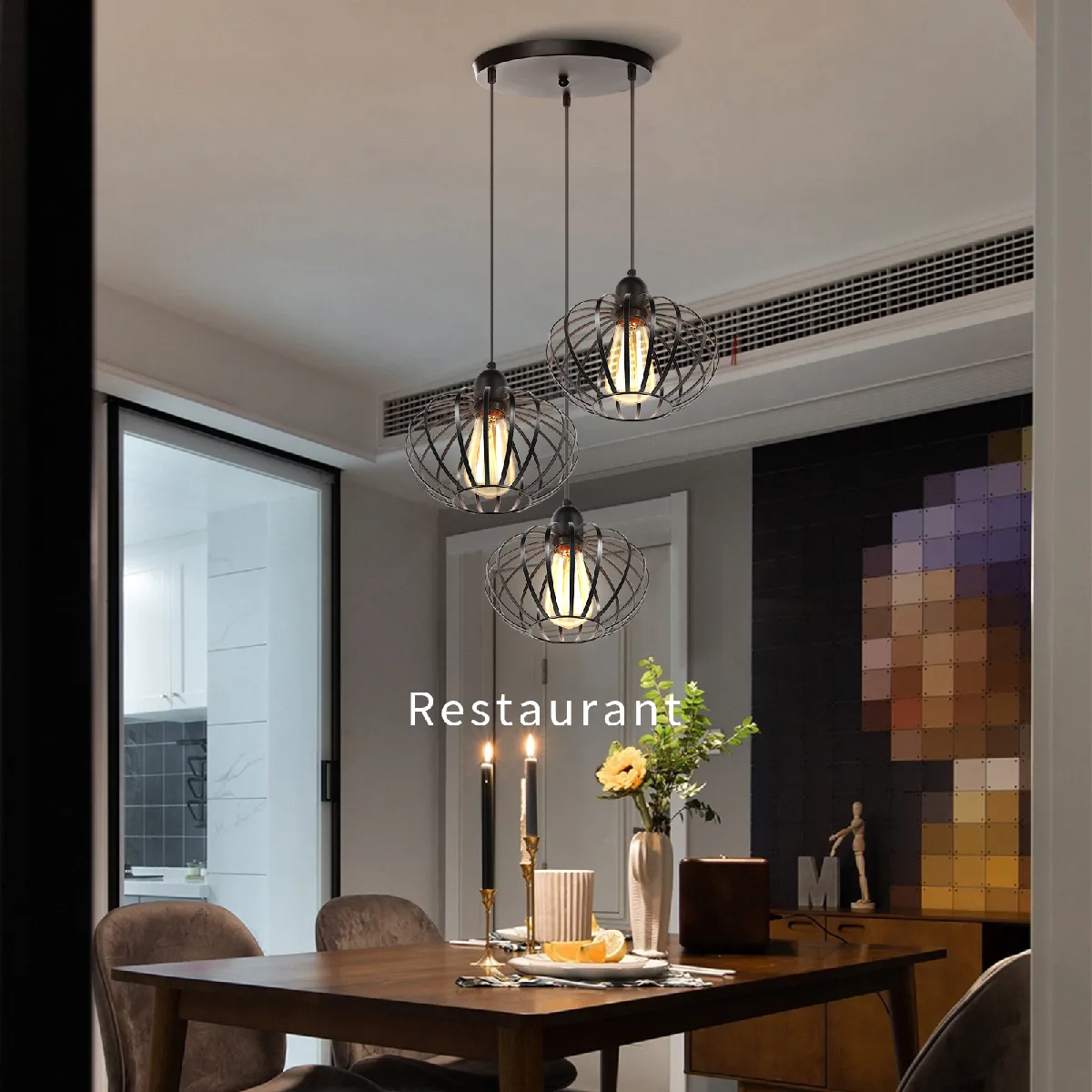 Stoex Lustre Vintage 3 Lumières Suspension Luminaire Rétro E27 Suspension Lustre Intérieur (Noir) Plafonnier Rond En Métal Pour Salon Cuisine Chambre