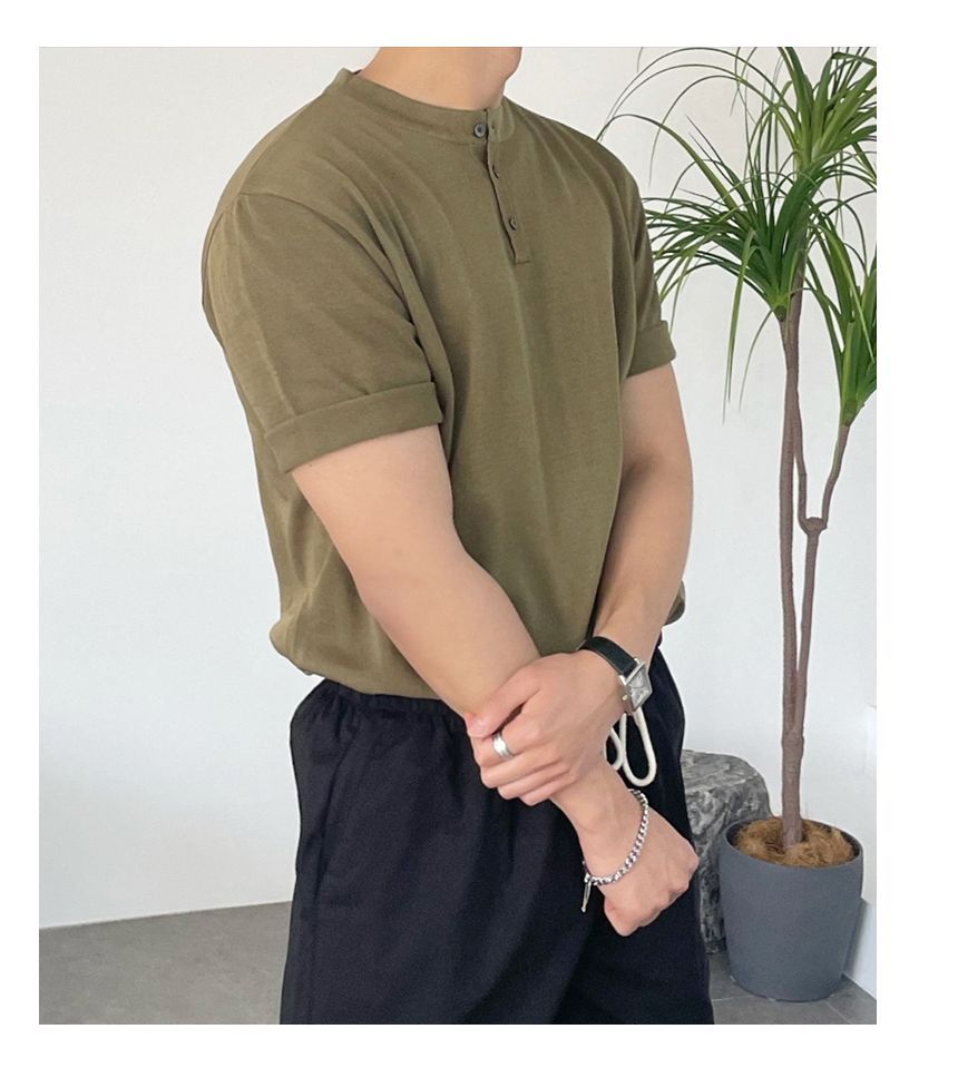 Okwano - Henley gebreide top met korte mouwen