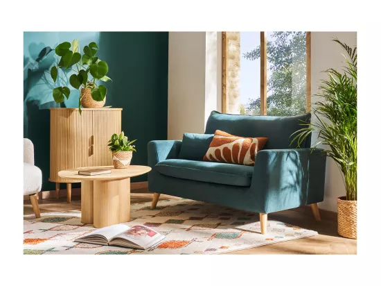 Canapé scandinave 2 places en tissu effet velours jaune moutarde et bois clair JONAS
