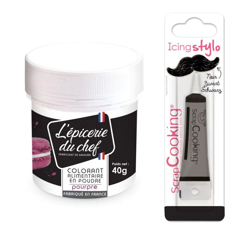 Colorant alimentaire en poudre pourpre 40 g + Stylo glaçage noir Scrap