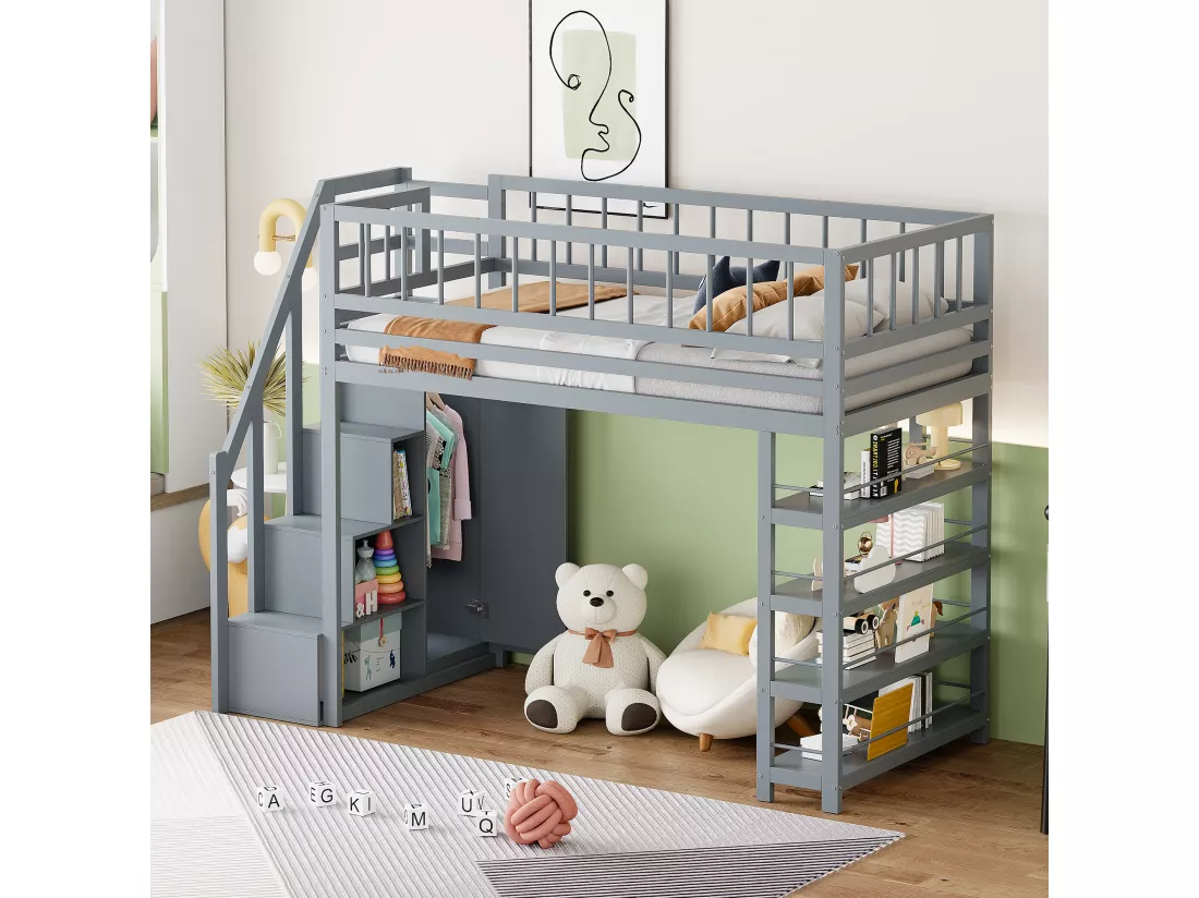 Lit mezzanine 90 x 200 cm - étagères + armoire + espace de rangement - bois massif - gris