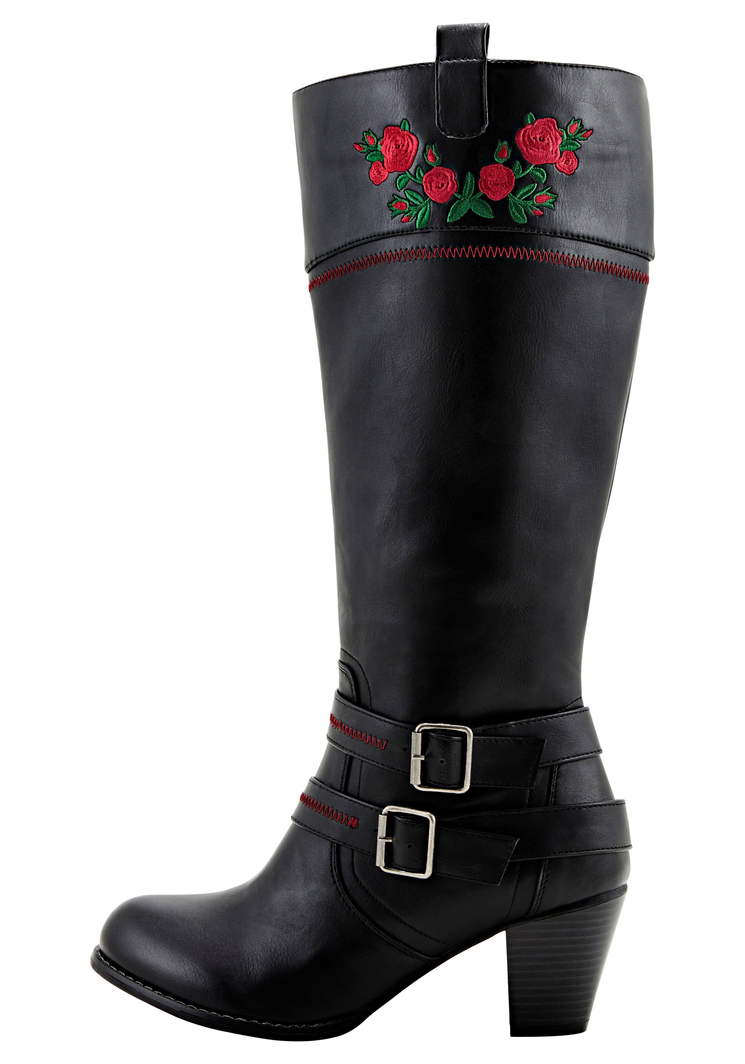 Weitschaftstiefel im Cowboy-Stil, mit Blumenstickerei