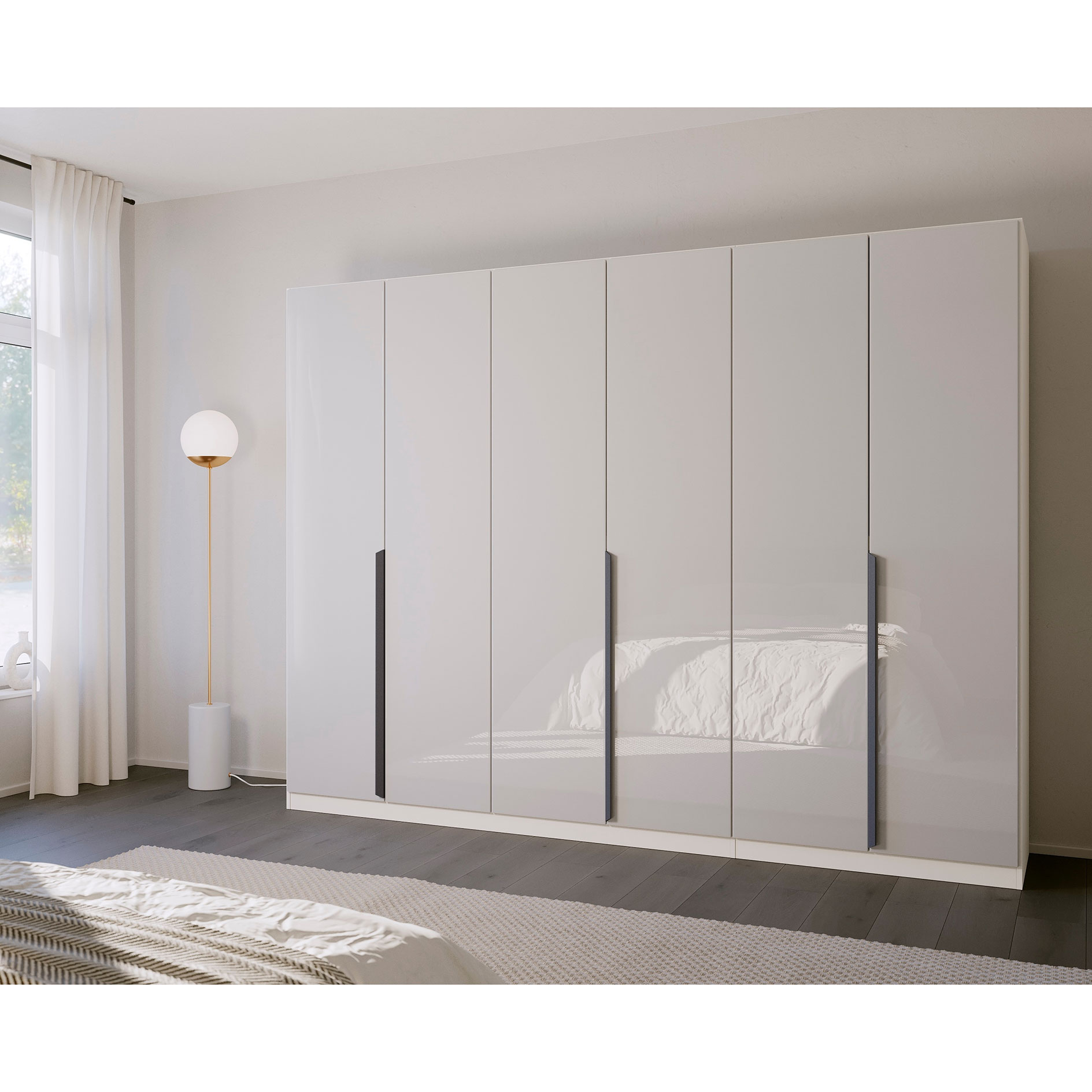Drehtürenschrank - alpinweiß-Kristallweißglas - 6 Türen - 271 cm