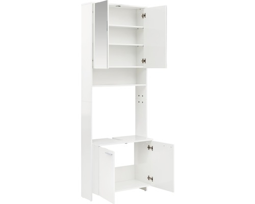 Wastafelonderkast van Möbelpartner Luis, afmetingen (B x H x D): 68,5 x 197,2 x 32 cm, frontkleur: hoogglans wit, met spiegel, badmeubel en planchet.