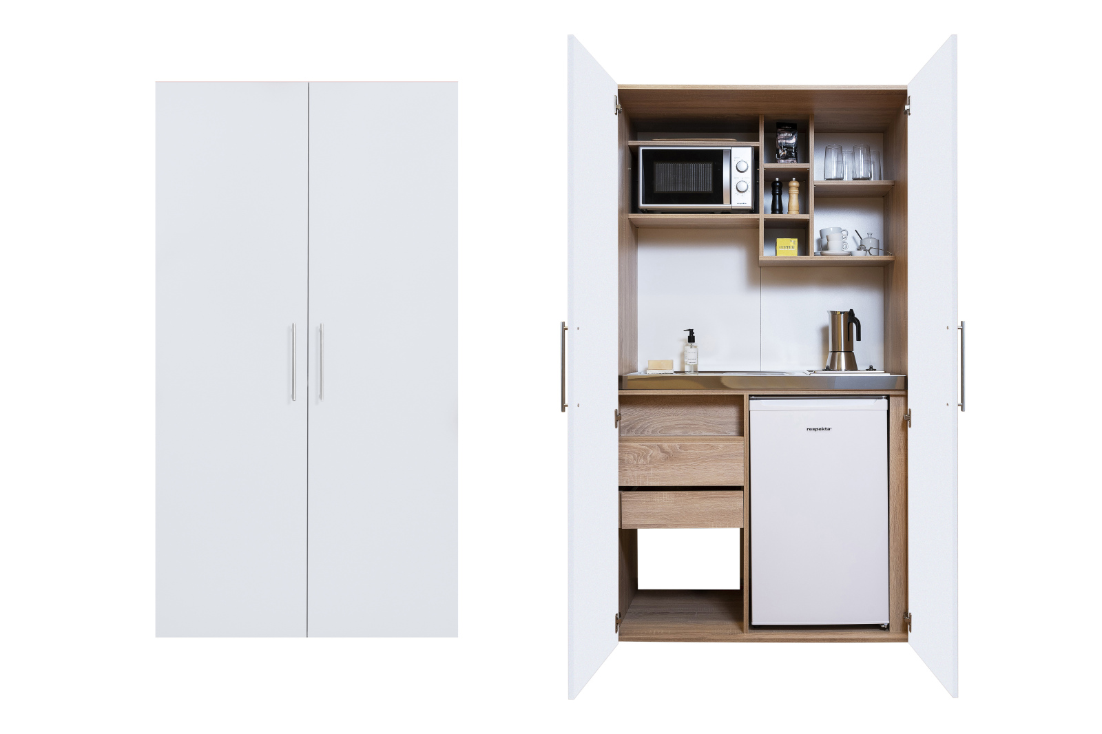 RESPEKTA Schrankküche - weiß - Eiche sägerau - mit E-Geräten - 104 cm breit