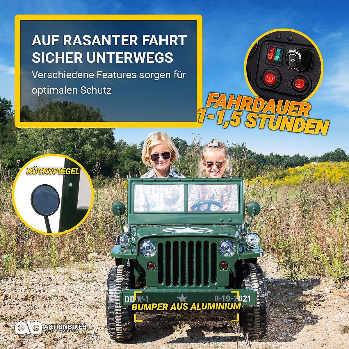Kinder Elektroauto Jeep Willys - 4x45 Watt - Kinderauto mit Fernbedienung - Soundmodul gr&uuml;n