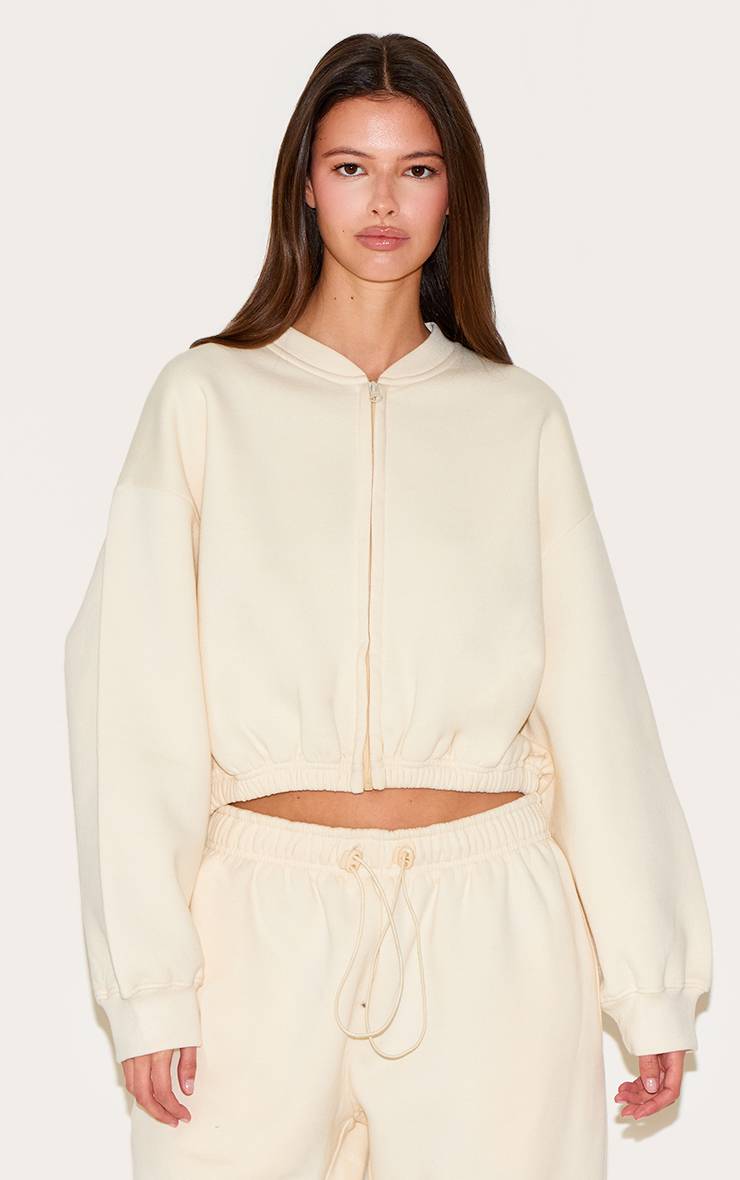 Crème Sweat-shirt Court Zippé Avec Cordon De Serrage À La Taille