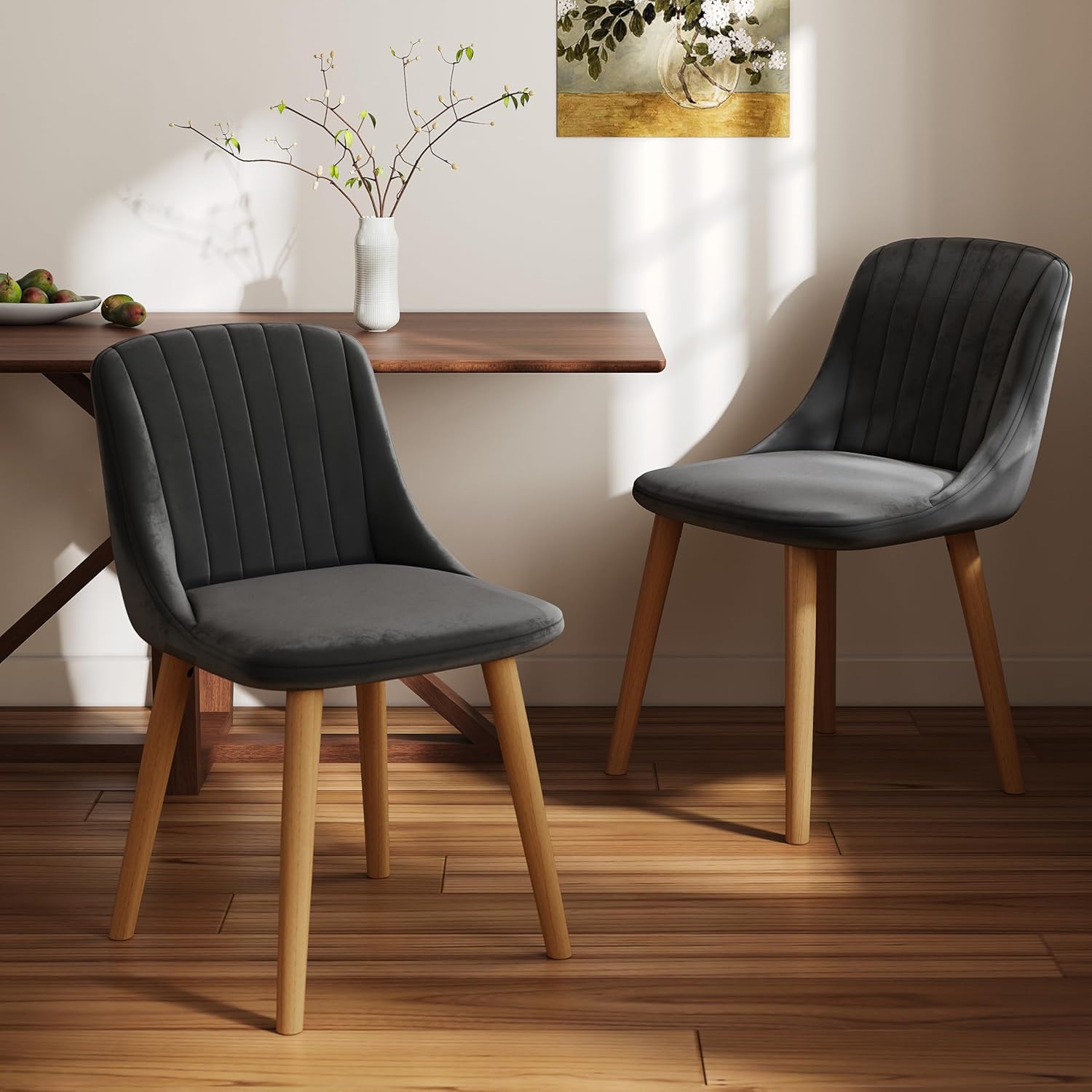Esszimmerstühle 6er Set Samt Polsterstuhl Küchenstuhl Wohnzimmerstühle mit Rückenlehne und Massivholz-Beine, Dunkelgrau