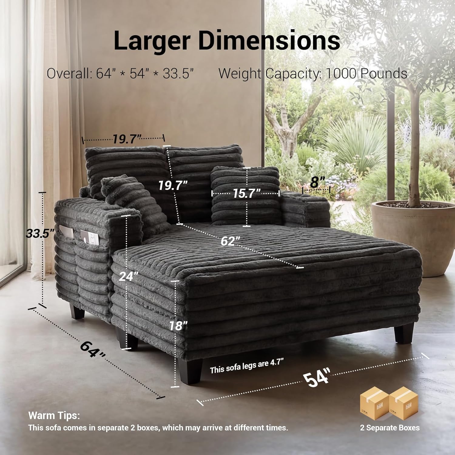 Oversized Chaiselongue Sofa, 163 cm Großer Schlafsessel mit stabilem Holzrahmen, Plüsch Cord Relaxliege mit 2 Getränkehaltern & 4 Taschen, Liegesessel für Wohnzimmer (Grau)