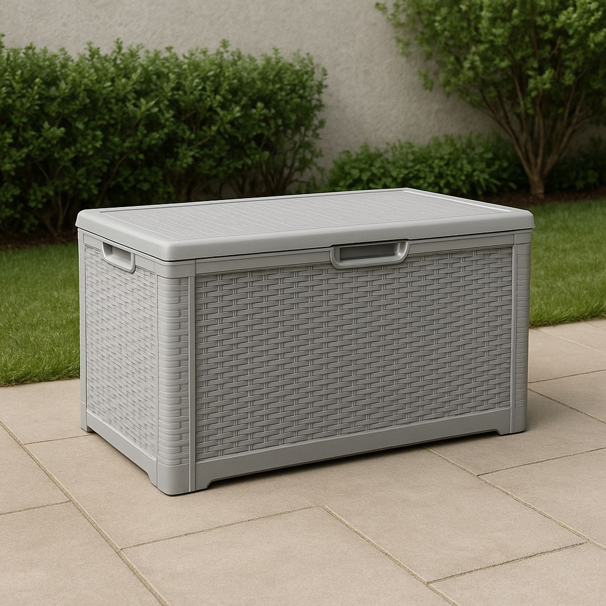 Garten-Aufbewahrungsbox Rattan-Optik Kunststoff Grau 117x56x45 cm
