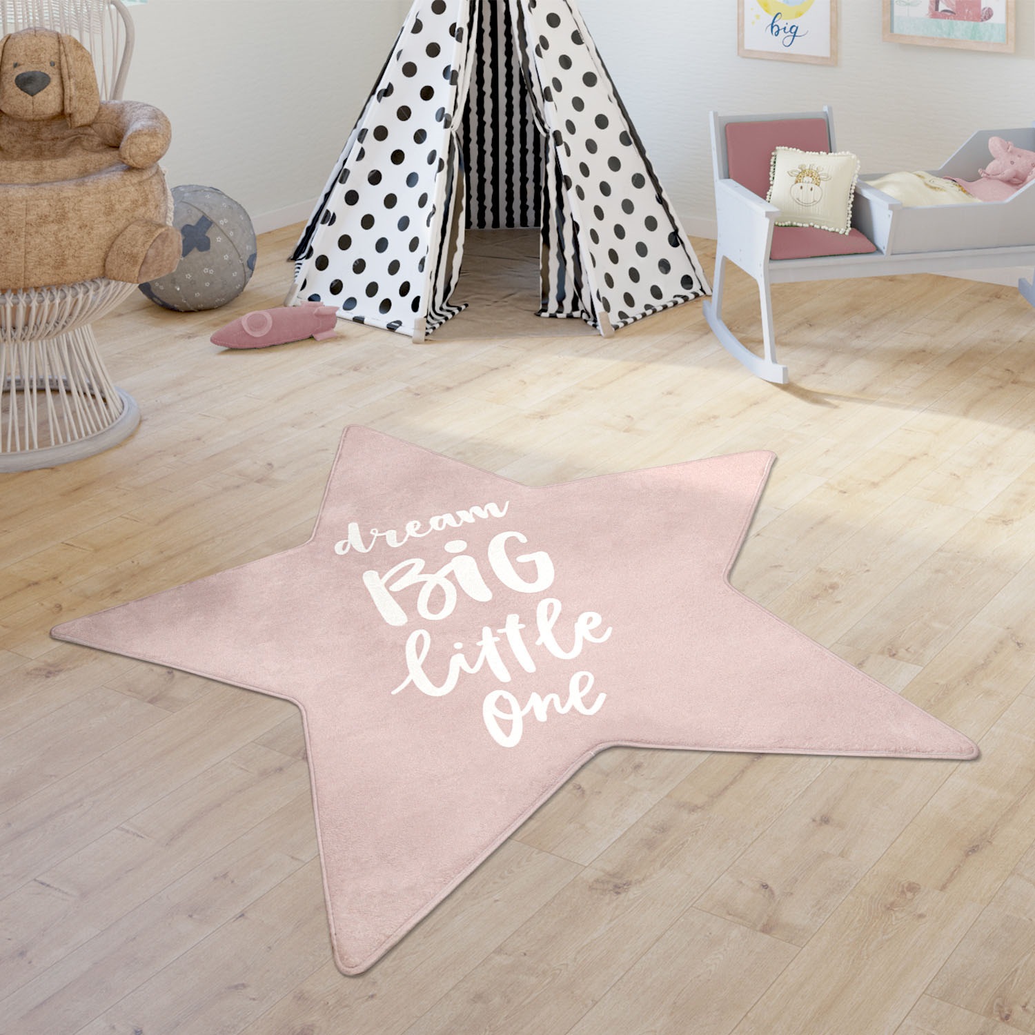 Paco Home Kinderteppich »Chicos 558« sternförmig 2 mm Höhe Flachgewebe, Stern mit Schriftzug, Kinderzimmer