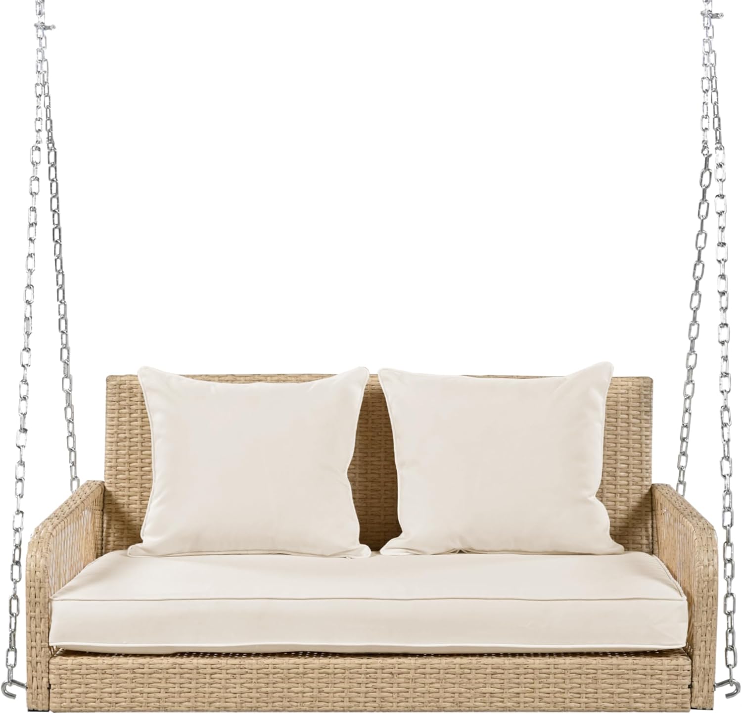 Merax Hängeschaukel 2-Sitzer, PE-Rattan Gartenschaukel mit Sitzkissen & Ketten, Hängebank Hollywoodschaukel Schaukelbank Gartenbank, Doppelschaukel für Garten Balkon Veranda, bis 320KG, Beige