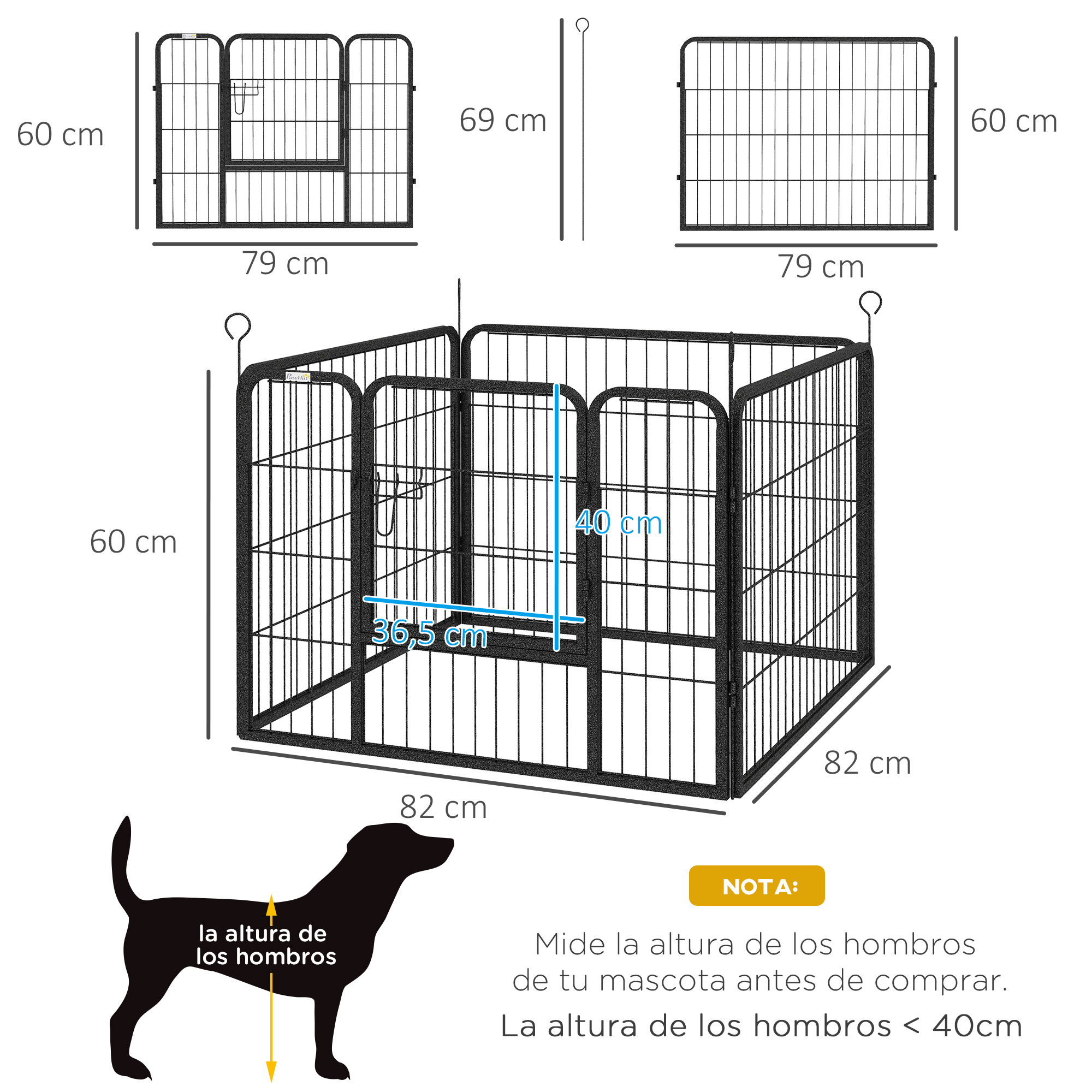 Parque para cães PawHut com 4 painéis, 82x82x60 cm, dobrável, com porta de trava e estrutura metálica, para uso interno e externo, cinza.