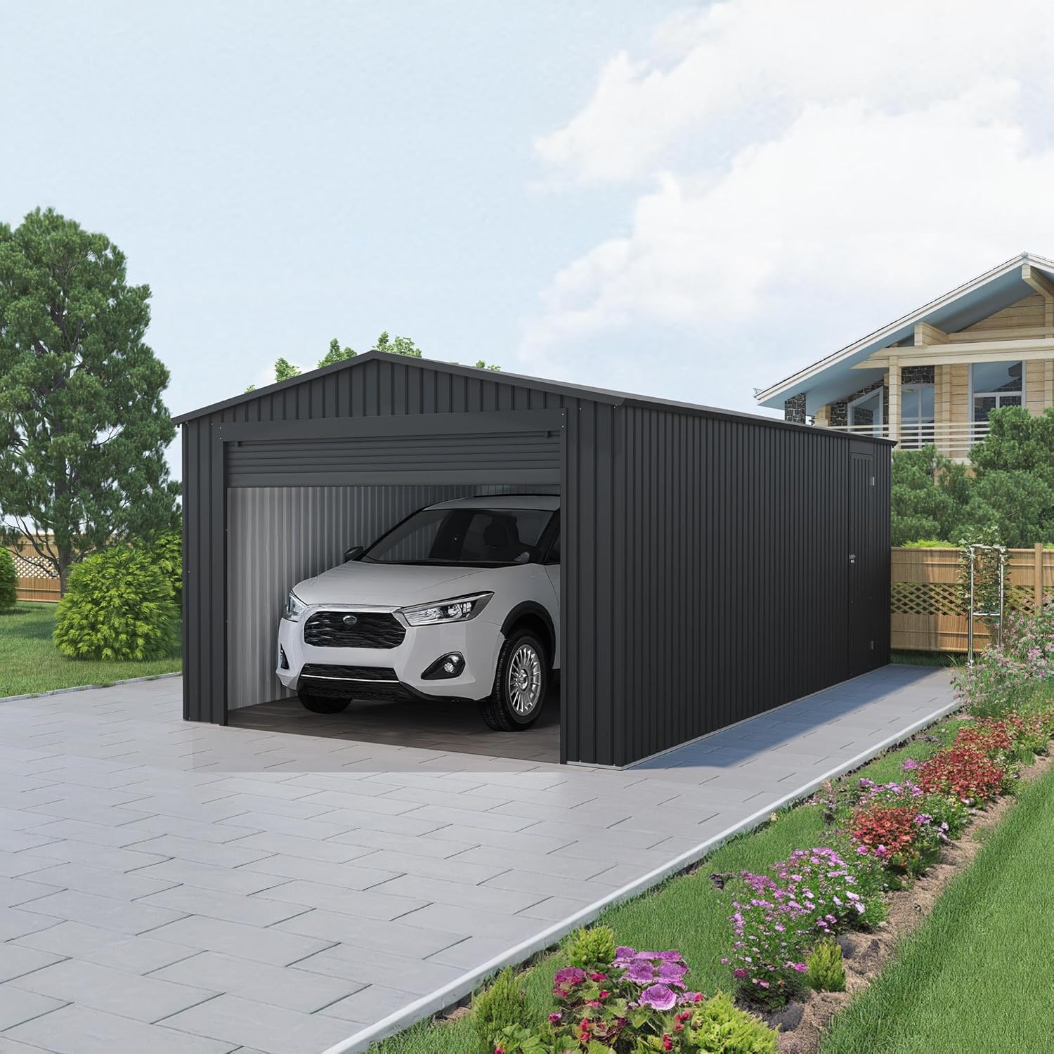 Wasabi - Metallischer Garagenunterstand 19,52 m² Jarama - 576x338x243 cm - Außen-Carport - Große Rolltür - Seitlicher Fußgängerzugang - Grau - Außenlagerung