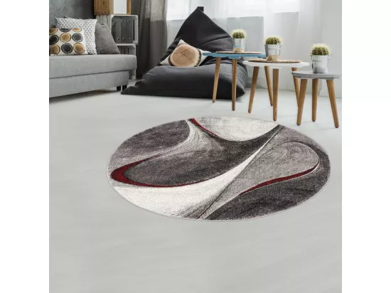 tapis chambre Ø100cm tissé rouge et gris rond motif géométrique MADILA