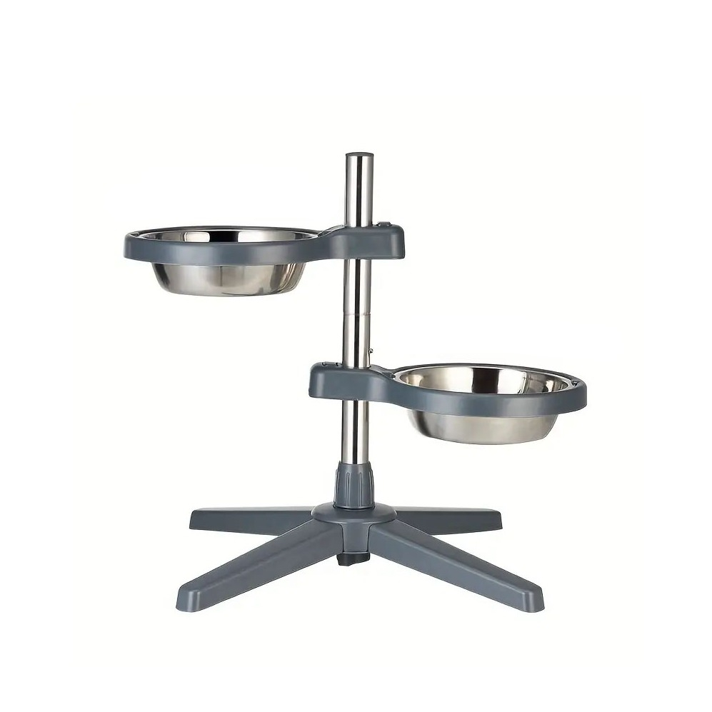 (47x45cm) Höhenverstellbare Haustier Futterstation Hunde Fress Napf   Wasser Schale - Grau / Silber