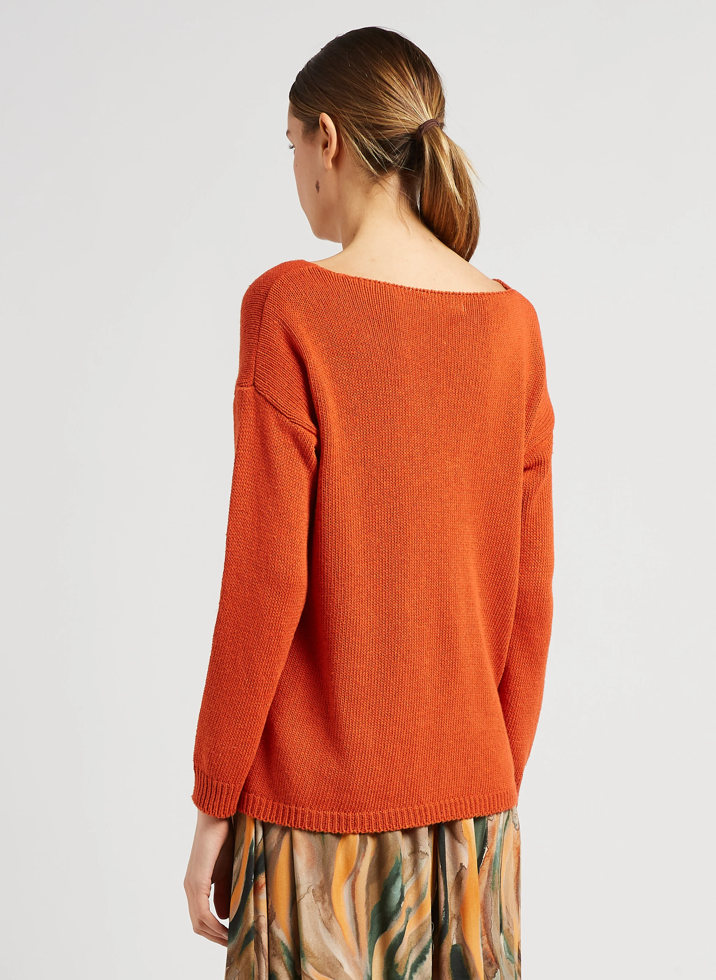 Pull en maille col V en coton mélangé| Orange
