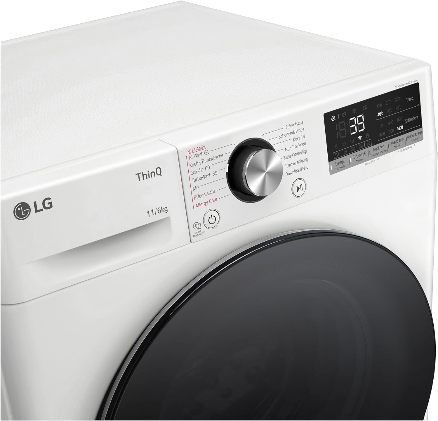 LG W4WR70E6Y, Frontlader-Waschtrockner 11-6 kg, Klasse A/D, 60x62x85 cm, Wi-Fi, AI Direct Drive, Tiefenreinigung mit Dampf, TurboWash 360, Große Kapazität, Außentür aus gehärtetem Glas, Weiß