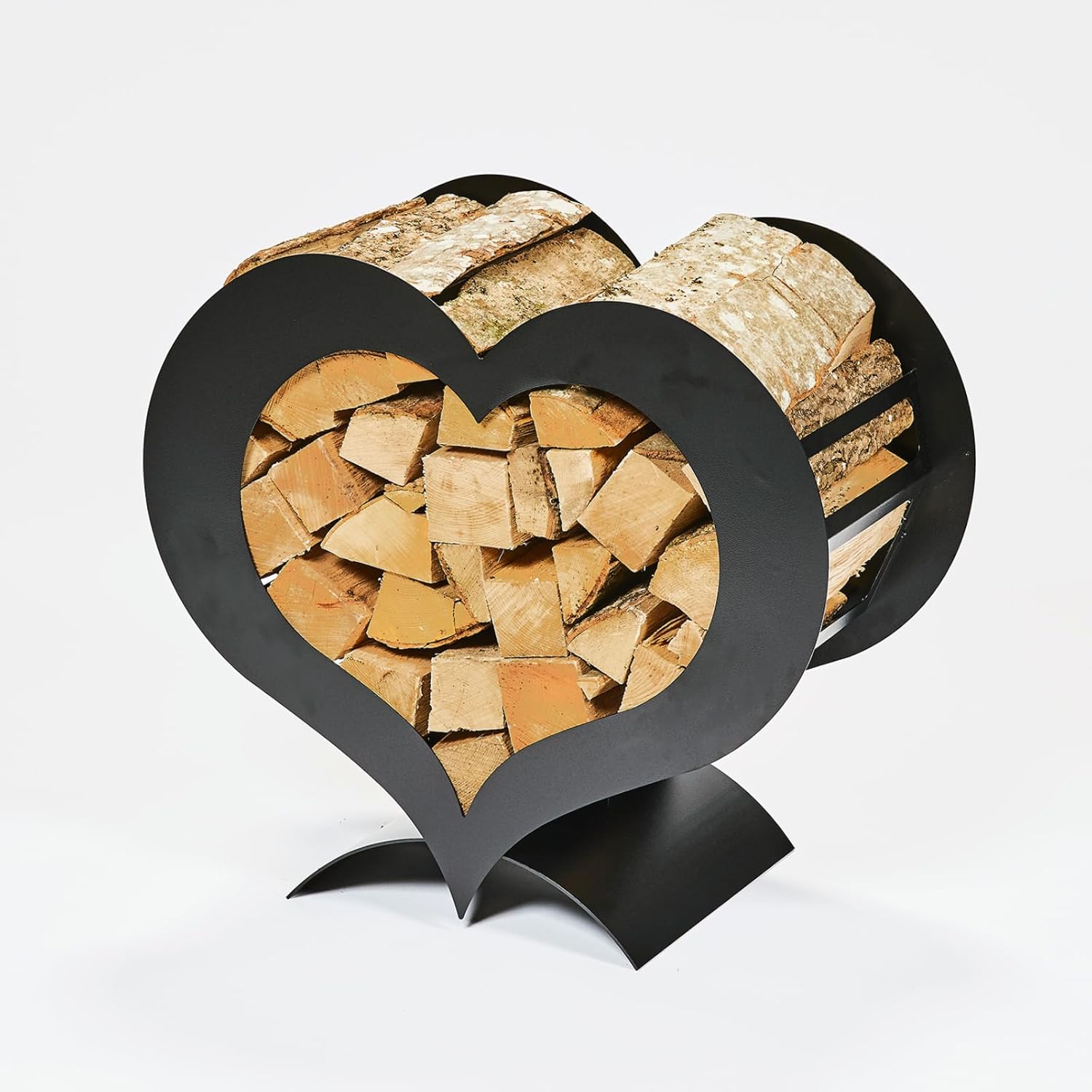 Gruber, Herz-Holzständer, schwarz, Dekoratives Kaminholzregal aus pulverbeschichtetem Stahl, stilvolles Brennholzregal für Innen- und Außenbereiche, 36 x 67 x 62 cm, ohne Holz geliefert