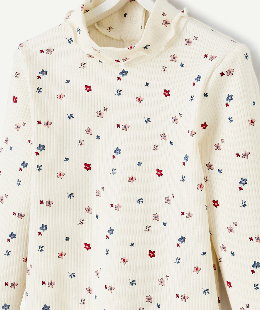 SOUS-PULL CÔTELÉ FILLE EN COTON BIO ÉCRU IMPRIMÉ FLEURI