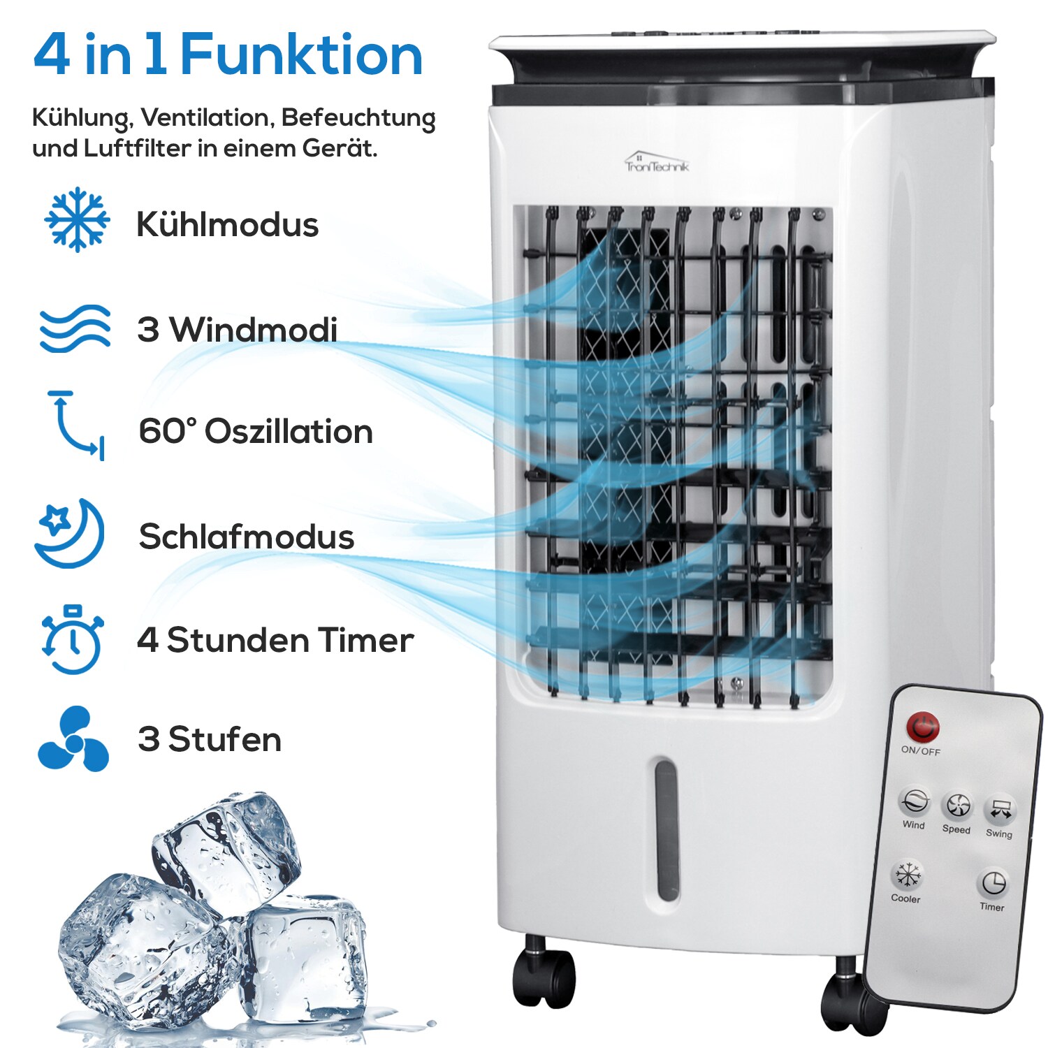 TroniTechnik® Mobiles Klimagerät 3in1 Klimaanlage Luftkühler LK02 Ventilator, inkl. Fernbedienung, Filter, 3in1 Air Cooler