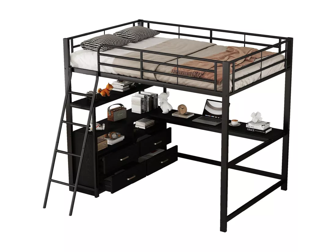 Lit mezzanine 140 x 200 cm avec bureau d'angle en L et 4 tiroirs - Métal - Noir (sans matelas)
