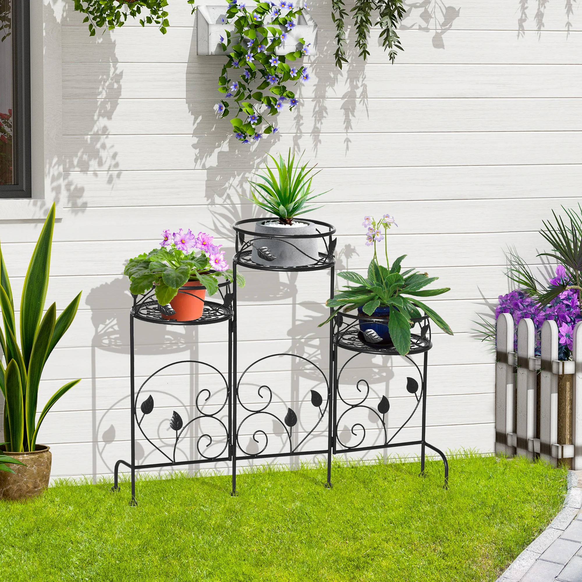 Suporte de metal para plantas Outsunny, suporte dobrável para vasos de flores com 3 prateleiras, decoração para ambientes internos e externos, ideal para jardim, terraço e varanda, 74 x 23 x 62 cm, preto.